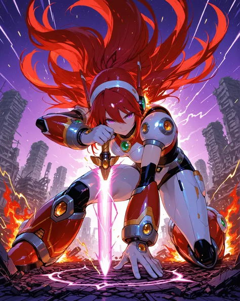 Character inspired by Zero from Mega Man X, but reimagined as Jessy's OC: a female warrior android with vibrant red hair flowing like fire, glowing purple eyes, and a futuristic cat-ear headset integrated into the armor. She wears a sleek red-and-white arm...