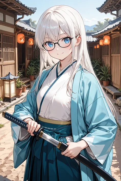 (masterpiece), (best quality), ultra-detailed, 8k, sharp focus,(semi realistic),
1 girl,young female,solo,kawaii,white hair,long hair,straight hair,baby face,vivid blue eyes,(small breasts),
((black eyewear)),(full rim),(detailed glasses),
a girl wearing a...