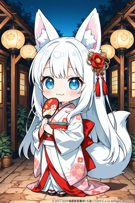 (masterpiece), (best quality), chibi, stylized, around 2.5 heads tall, small body, proportionally big head, official art style, thick outlines, clean lines, vibrant colors, cute, expressive,
 1 (chibi girl),(solo:1.2),white hair,long hair,straight hair,blu...