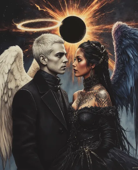 color contrast, hyperrealistic poses, cinematographic photography , detailed, best quality , High resolution , intricate details, vivid colors , detailed Style Photography Hyperrealism oil painting portrait of a creepy yet beautiful mystical couple , ((( b...