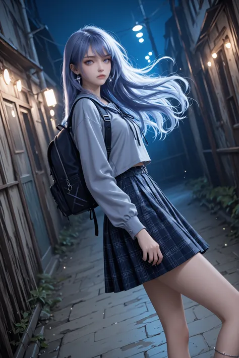 The image depicts a highly detailed and fantastical female character with striking features. She has long, flowing hair. Detailed background, dutch_angle, from the side, ((Grunge)), a school girl wearing a grey and violet uniform, knee-length skirt, and a ...