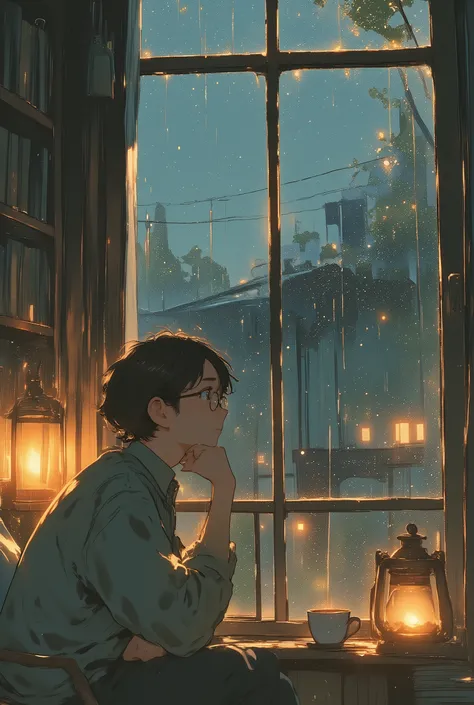 looked from the outside through the rain-stained window, clearly visible into the warm, bright room, where a man wearing round glasses is sitting in front of the window.,  
He was in the house, , chin resting on one hand , , looking out in a serene counten...