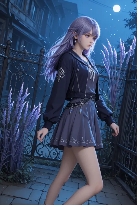 The image depicts a highly detailed and fantastical female character with striking features. She has long, flowing lavender hair. Detailed background, dutch_angle, from the side, ((Isekai Fantasy Style)), ((Grunge)), a school girl wearing a grey and violet...