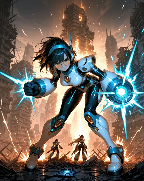 Character inspired by Mega Man X, reimagined as an original female OC. She has long, flowing black hair that moves dramatically with the motion, warm brown eyes, and round prescription glasses that reflect the light of the battlefield. Wearing a sleek, fut...