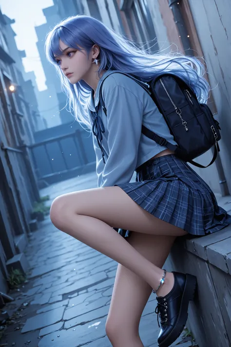 The image depicts a highly detailed and fantastical female character with striking features. She has long, flowing hair. Detailed background, dutch_angle, from the side, ((Grunge)), a school girl wearing a grey and violet uniform, knee-length skirt, and a ...