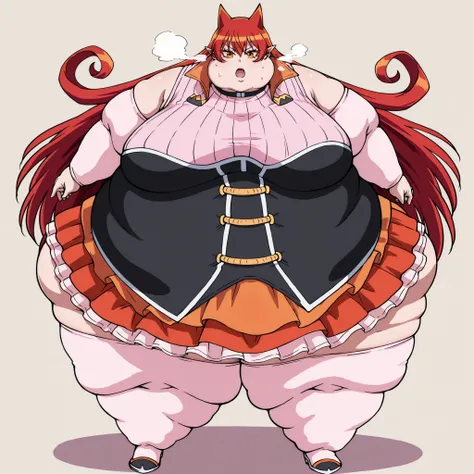 hair horns, curly hair, very long hair, hair between eyes, red hair, orange eyes, pointy ears, colored eyelashes, black choker, high collar, orange collar, turtleneck shirt, sleeveless shirt, ribbed shirt, pink shirt, black corset, detached sleeves, minisk...