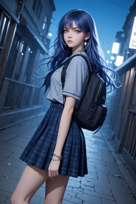 The image depicts a highly detailed and fantastical female character with striking features. She has long, flowing hair. Detailed background, dutch_angle, from the side, ((Grunge)), a school girl wearing a grey and violet uniform, knee-length skirt, and a ...