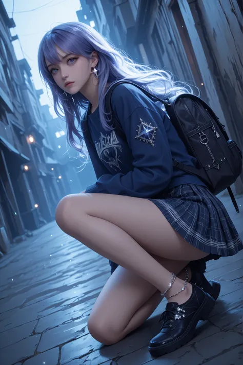 The image depicts a highly detailed and fantastical female character with striking features. She has long, flowing hair. Detailed background, dutch_angle, from the side, ((Grunge)), a school girl wearing a grey and violet uniform, and a medium backpack, sp...