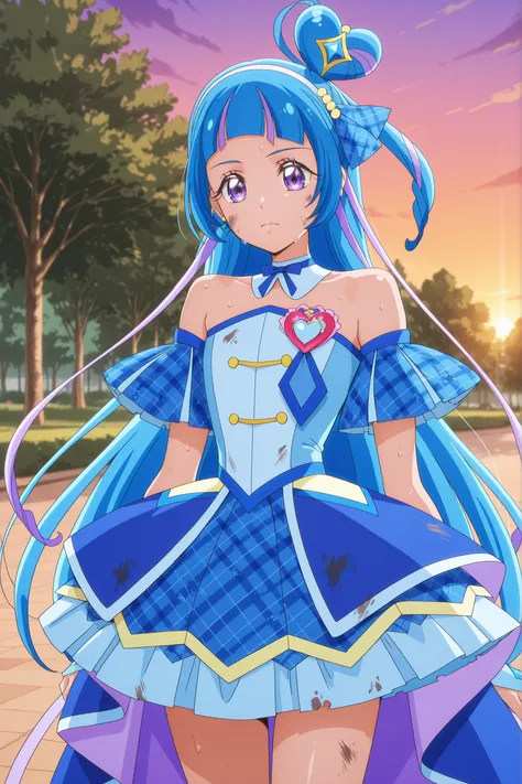 cure wink, kimi to idol precure, blue hair, magical girl, mini crown, purple eyes, blue dress, tilted headwear, very long hair, blunt bangs, bare shoulders, hairband, two-tone hair, purple hair, jewelry, idol clothes, masterpiece, best quality, anime, sour...