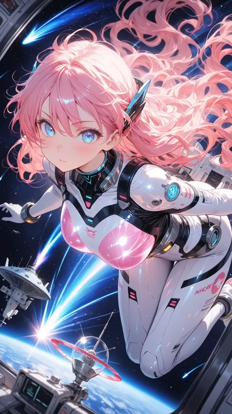 Masterpiece, fine trait, ultra detailed, best quality newest, 1girl floating to zero gravity in the space, very long long pink wavy pink hair,, nice anime glass blue eyes, satellite, comet, very detailed, turbo enhancement quality.
