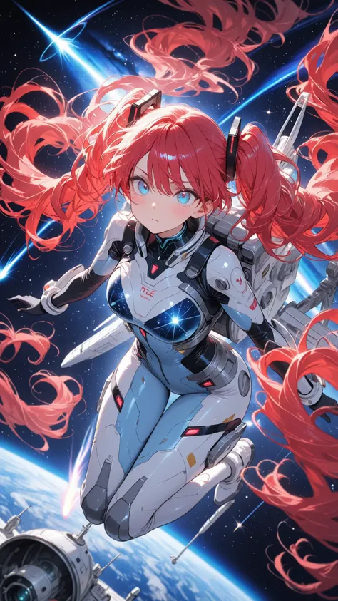 detailedanimegirl,Masterpiece, fine trait, ultra detailed, best quality newest, 1girl floating to zero gravity in the space, very long long twintails pink wavy red hair,, nice anime glass blue eyes, satellite, comet, very detailed, turbo enhancement qualit...