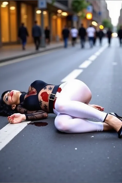 Lexxy,. The image shows a person with long hair, wavy black hair and striking makeup. Wear a black lace t-shirt with long sleeves and turtleneck, very tight white lycra leggings with very marked cameltoe, a black belt with square buckle and black high-heel...