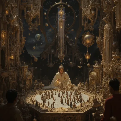 A hauntingly beautiful woman in an ethereal flowing dress plays chess with her own shadow, surrounded by fractured realities. The scene shifts between multiple dimensions, Earth dissolving into a cosmic void, with floating chess pieces morphing into planet...