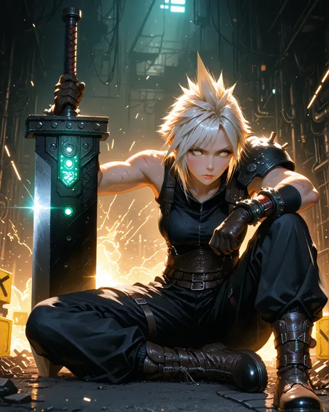 Full portrait in the style of Final Fantasy VII, of a female character reinterpreting Cloud Strife. She sits on a worn industrial metal block in a dark, technological Midgar setting, with green neon lights reflecting in the background. (She has short white...