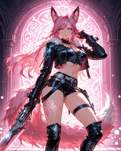 female character inspired by Squall Leonhart (Final Fantasy VIII), reimagined as a fox-girl OC, long flowing pink hair with gentle waves, soft ombré ends, fox ears covered in fluffy light-pink fur, big fluffy fox tail behind her, matching her hair tone; pi...