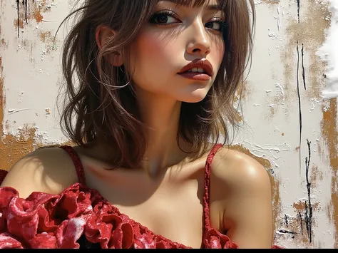 Abstract impasto brutalist painting of a beautiful Spanish Bolivian woman 1968, brunette hair in a soft long wavy fashion, intense brown eyes, perfect arched eyebrows, evocative makeup, false eyelashes, lips parted, wearing an evening gown, abstract backgr...