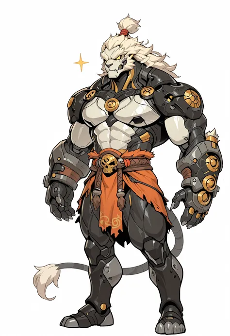 masterpiece, best quality, amazing quality, very aesthetic, 1 boy, dnd warforged, monk barbarian, anthro, Banyue, fantasy, mechanical imitation of muscles, balanced physique, tail, mechanical detailed face, mechanical body, simple white background, colorle...