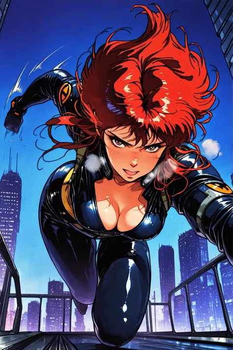 (masterpiece, High Quality, High Quality, so beautiful, Newest, detailed display,:1.2), retro artstyle,1980s (style), kisugi_hitomi\(cats_eye\), 1girl, frying jump, agent, Running through the sky, Dynamic Pose, futuristic clothes, red hair, long hair, bro...