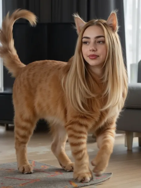 (masterpiece, High quality, high resolution hairstyle, hyperrealistic photograph), Majestic feminine woman, Walking on all fours, feline anatomy, woman's face, female head, side view, muscular legs, beautiful female face delicate features, long, silky blon...