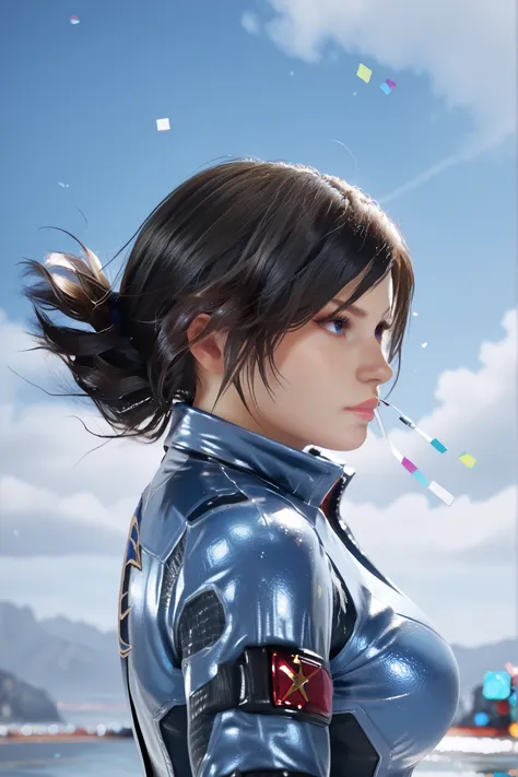 Zero-Gravity Earth,Beautiful girl,big breasts,Bodysuit,(Floating in the sky:1.5), black leather,Calm Attitude,Serious, looking around ,Blue sky background, Fluctuations in the atmosphere,bright light of sunlight,High Quality,Realistic,4K,canvas,Acrylic pai...