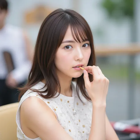 live scene photos of Japan's top idols applying makeup to famous beauties behind the scenes。lots of makeup tools、staff hands、Slightly nervous expression、spotlight and creative atmosphere。(top quality:1.3), backstage before the performance, Makeup Artist, C...