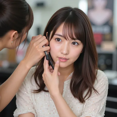 live scene photos of top Japanese idols applying makeup to famous beauties behind the stage。lots of makeup tools、staff hands、a slightly nervous expression、spotlights and creative atmosphere。(best quality:1.3), backstage, Makeup Artist, candid, 1girl, Yu ma...