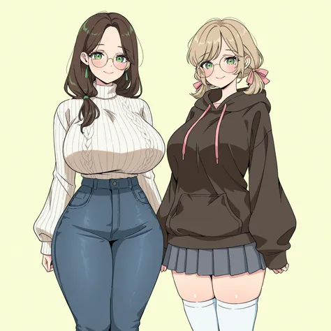 masterpiece, ultra-HD, impressionism, high detail, best quality, very aesthetic, 8K, best quality, beautiful, ultra-high resolution, 32K UHD, sharp focus, 2woman, duo, mature woman: long hair, brown hair, straight hair, low ponytail, parted bangs, green ey...