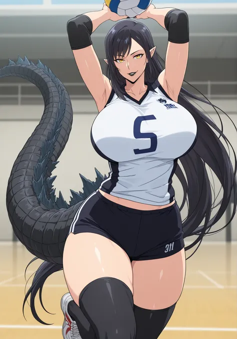 anime screencap, masterpiece, best quality, kajiu-jin-ah, 1girl, Mature Female, yellow eyes, absurdly long hair, pointy ears, Godzilla tail, Godzilla large tail, very long tail, black hair, Big claws nails, attractive face, detailed face , ractical body sh...