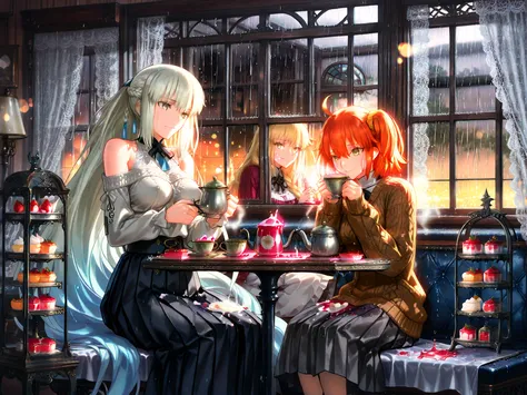 (masterpiece:1.3), (best quality:1.3), (ultra detailed:1.3), (8k:1.2), anime style, takeuchi takashi, absurdres,

(2girls:1.2), yuri couple, extremely sweet and romantic, heartwarming, intimate and cozy,

((classic British old-fashioned tearoom window seat...