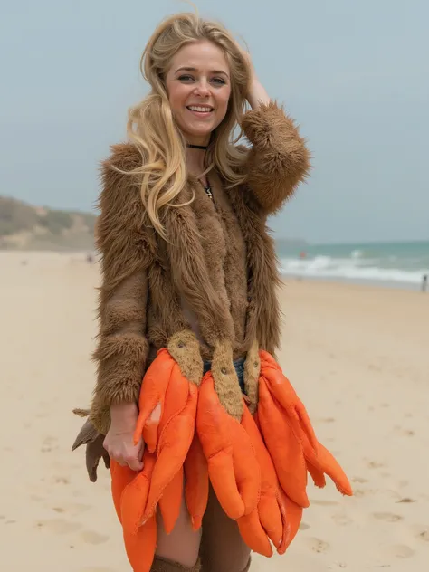 photorealistic image of a stand-up comedian on a sandy beach wearing a ridiculous homemade costume - monkey fur torso with bright orange crab legs sticking out at odd angles, costume seams visible, she has good hair and a sarcastic expression on her face, ...