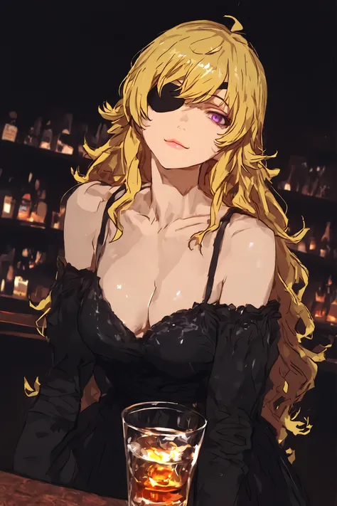 illustration, yang xiao long, 1girl, solo, purple eyes, one eye patch, blonde hair, wavy hair, long hair, wearing black dress, beautiful woman, medium breasts, exposed collarbone, rebellious and alluring expression sharp and defined facial features,  moody...