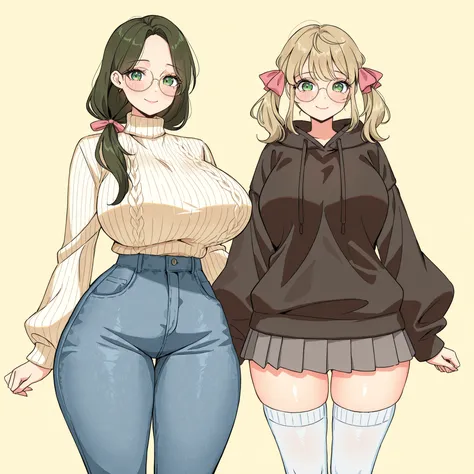 masterpiece, ultra-HD, impressionism, high detail, best quality, very aesthetic, 8K, best quality, beautiful, ultra-high resolution, 32K UHD, sharp focus, 2woman, duo, mature woman: long hair, brown hair, straight hair, low ponytail, parted bangs, green ey...