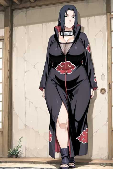 uchiha_mikoto, mature female, black eyes, black hair, parted bangs, sidelocks, long hair, thick thighs, wide hips, big breasts. Akatsuki cloak, long cloak, black cloak, decorated with red clouds with white edges, ((tight clothing:1.1)),shinobi sandals,blac...