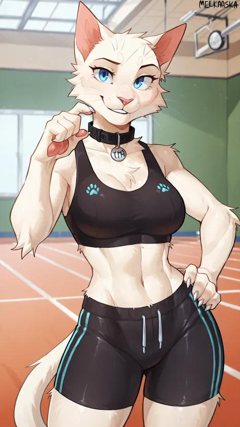 Mekaska, by Mekaska, medium portrait, masterpiece, high quality, detailed, best quality, soft lighting, soft shading, furry, anthro, 1girl, female, solo, cat, white fur, whiskers, white claws, blue eyes, tail, pink nose, black sports bra, black athletic sh...