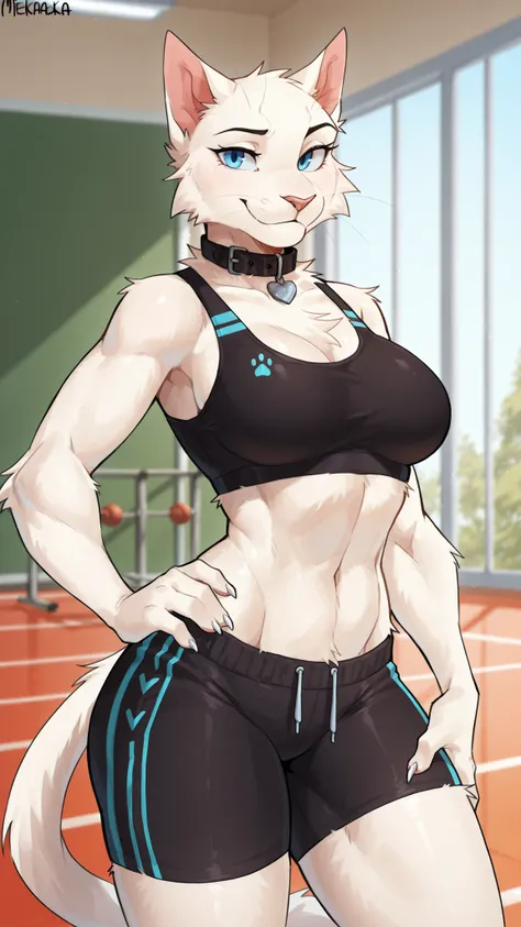 Mekaska, by Mekaska, medium portrait, masterpiece, high quality, detailed, best quality, soft lighting, soft shading, furry, anthro, 1girl, female, solo, cat, white fur, whiskers, white claws, blue eyes, tail, pink nose, black sports bra, black athletic sh...