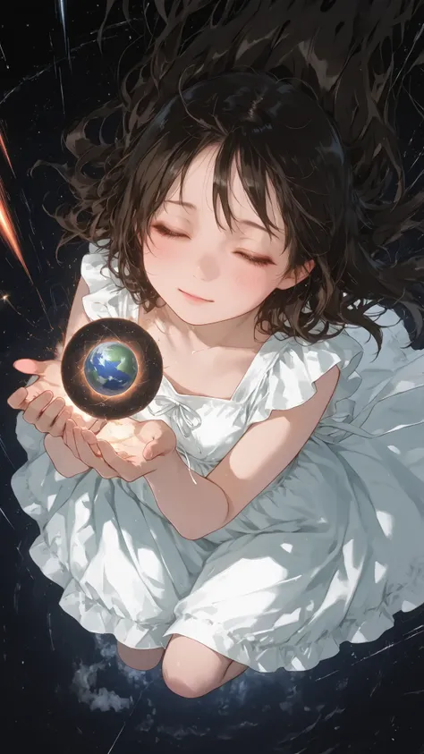 cute girl in dress floating in the air in zero gravity, close eyes, gentle expression, sewing earth, from above, fullbody shot