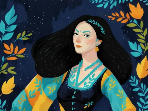 uma garota, black cabelo, pele clara e clara, rosto expressivo, olhos negros, campo longo_cabelo, wearing a vibrant campo longo peasant medieval dress, roupa detalhada, sketches, thick painting detailed in gouache, illustration, no estilo gougoupaintleave...