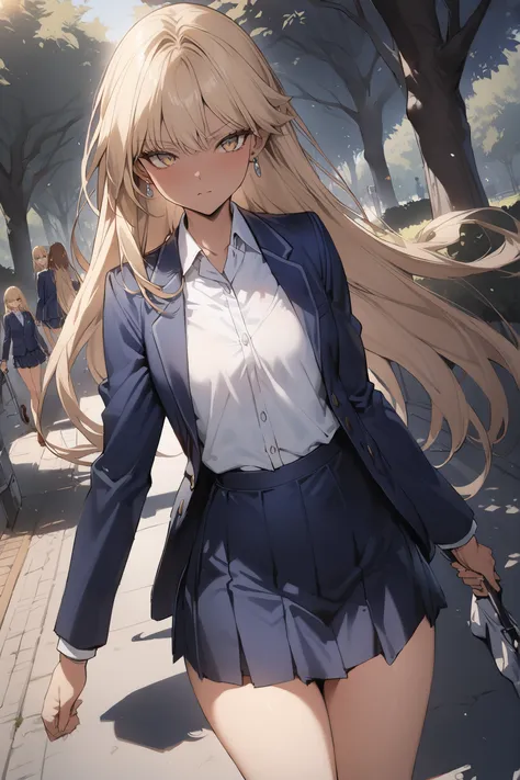 ((masterpiece,top quality:1.2)),(Super-resolution),(1gir),slender,((Female high school girl staring at me while walking in the park during the day)),beautiful skin,(((tanned skin))),(((thin thighs))),(((Long Golden Hair))),perfect golden eyes, tree eyes ,s...