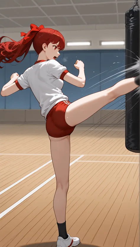 1 girl:1.3,Kasumi Yoshizawa,(),((back shot:1.5)),serious:1.1,black middle socks,masterpiece,full shot of,long shots,beautiful red gradation eyes,soft color with skeleton,((fForward kick blur:1.4)),open your mouth,((perfect red buruma:1.4)),smooth texture f...