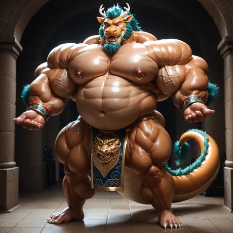 eastern dragon,a humanoid dragon mix of Chinese and European dragon, hefty daddy body,colossal,hulking, huge muscles, plump body muscles, colossal body, five-digit hands and feet,hefty, hyper thick heavy shape, stout musclegut, thick waist, big daddy belly...