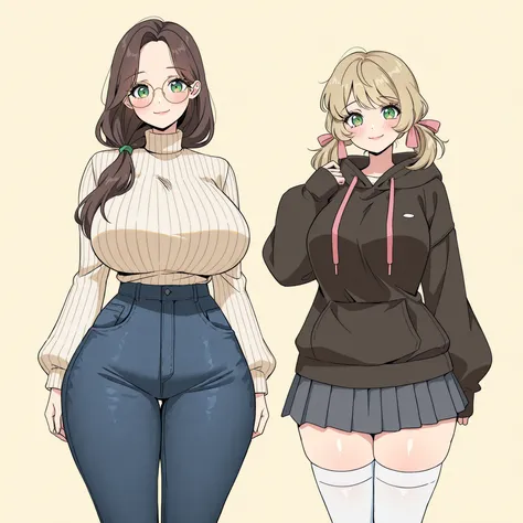 masterpiece, ultra-HD, impressionism, high detail, best quality, very aesthetic, 8K, best quality, beautiful, ultra-high resolution, 32K UHD, sharp focus, 2woman, duo, mature woman: long hair, brown hair, straight hair, low ponytail, parted bangs, green ey...