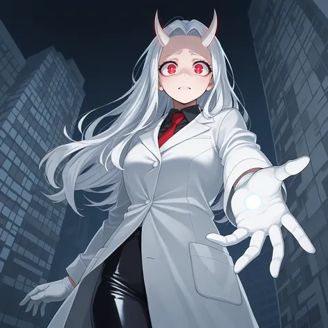 solo,1girl, ((masterpiece, best quality:1.2)), (White hair)), ((Red eyes: 1.8)),(Eri (Boku no Hero Acedemia)), little worried face,looking at viewver, cute eyes, glowing hands, one outstretched arm , half eyes, Put one hands out in front , Show his palm ,...