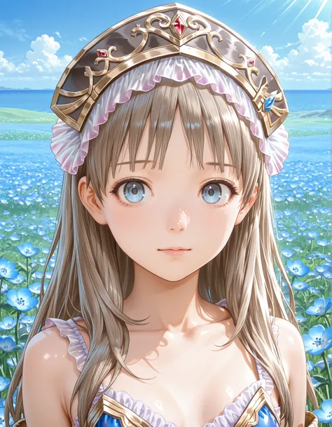 solo,1girl, Totori Kobo ,Totoria Helmold,totori,smaller, small breasts,Diva,Highest Quality, Super Detailed, game CG,beautiful face and eyes with attention to detail,8k, Outdoors, depth of filed, Light on Face, Portrait, Sunlight, skyporn, (field of Nemoph...