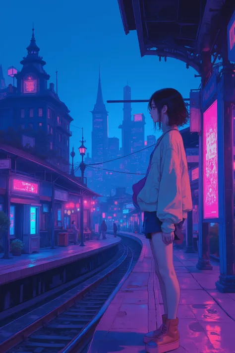 CMYK palette, 駅のホームで待っている女の子のpixels wideアートシーン, CMYK palette, loffy girl , 驚くべきpixels wideアート , pixels wideアニメーションスタイルの都市風景 , Blue Hour in the Evening,pixels wideアニメーション静止画アニメ色紙 , pixels wideゲームイラスト , mamoru hosoda, Aesthetic from 90s game A...