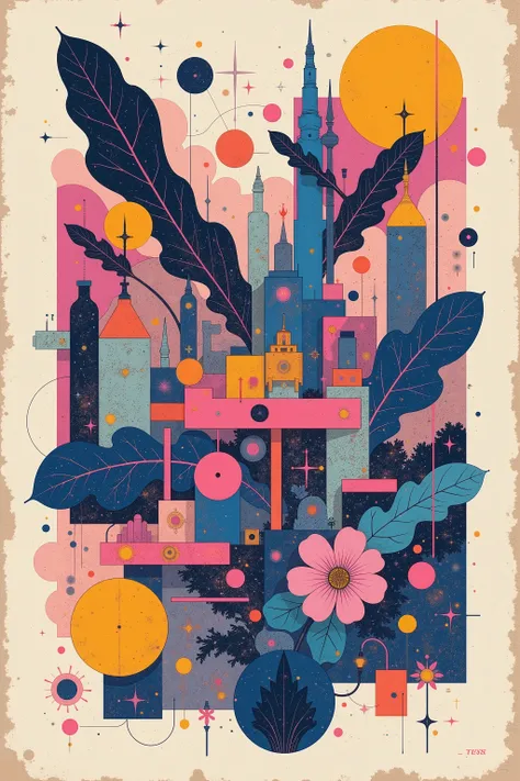 CMYK palette, printed poster style, matte ink, offset print aesthetic