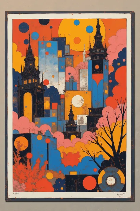 CMYK palette, printed poster style, matte ink, offset print aesthetic