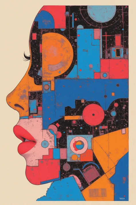 CMYK palette, printed poster style, matte ink, offset print aesthetic