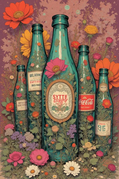 CMYK palette, I have a picture of flowers growing in a soda bottle , Aaron Douglas , 1940's Faded Lithograph Prints , details, inspired by Robert Colescott, Inspired by Graham Sutherland , 1960s Neo Rococo Expressionism , lithography, Kara Walk...