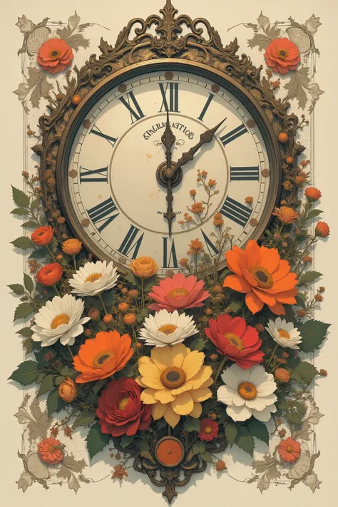 CMYK palette, printed poster style, matte ink, offset print aesthetic,collage,flower,clock