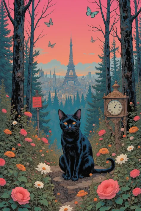 CMYK palette, printed poster style, matte ink, offset print aesthetic,collage,flower,clock,small black cat,butterfly